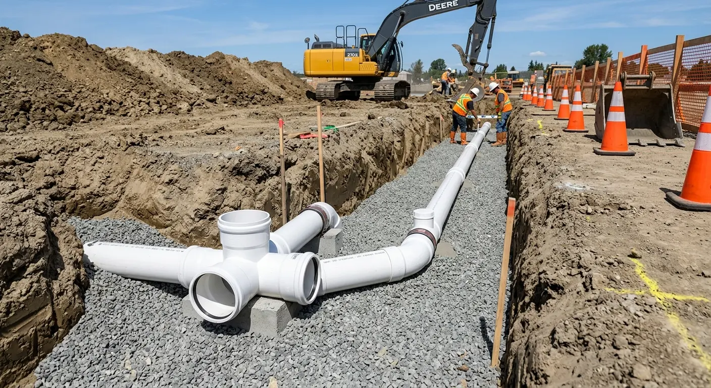 New PVC sewer pipe installation in open trench for Sewer Backup in Hidden Valley Lake