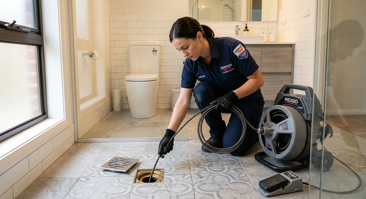 Technician clearing a bathroom floor drain for Drain Repair in Hidden Valley Lake